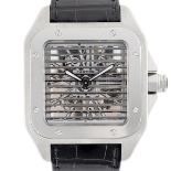 A RARE GENTLEMAN'S SIZE PALLADIUM CARTIER SANTOS TRIPLE 100 "SHUTTER" SKELETON WRIST WATCH CIRCA