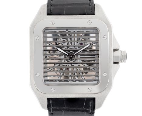 A RARE GENTLEMAN'S SIZE PALLADIUM CARTIER SANTOS TRIPLE 100 "SHUTTER" SKELETON WRIST WATCHCIRCA 2008, REF. 3228 THE "DOUBLE 1