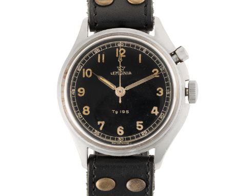 A RARE GENTLEMAN'S STAINLESS STEEL SWEDISH MILITARY LEMANIA TG 195 WRIST WATCH DATED 1958, WITH GLOSS BLACK GILT DIAL, ISSUED