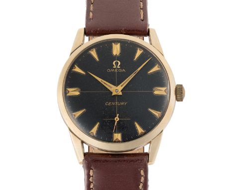 A GENTLEMAN'S SIZE GOLD FILLED OMEGA CENTURY WRIST WATCHCIRCA 1954, WITH BLACK "HONEYCOMB" DIAL Movement: 17J, manual wind, c