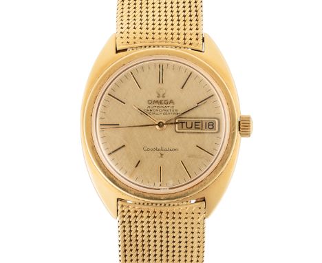 A GENTLEMAN'S SIZE 18K SOLID GOLD OMEGA CONSTELLATION AUTOMATIC CHRONOMETER DAY DATE BRACELET WATCH CIRCA 1968, REF. 168.5019