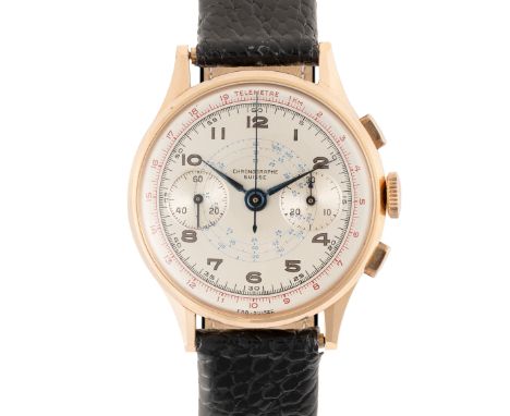 A GENTLEMAN'S SIZE 18K ROSE GOLD CHRONOGRAPH SUISSE CHRONOGRAPH WRIST WATCH CIRCA 1950Movement: Manual wind, Landeron calibre