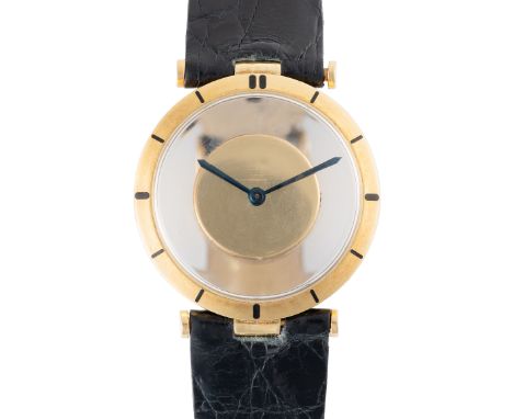 A RARE GENTLEMAN'S SIZE 18K SOLID GOLD JAEGER LECOULTRE MYSTERY WRIST WATCHCIRCA 1950s Movement: Manual back wind, signed Jae