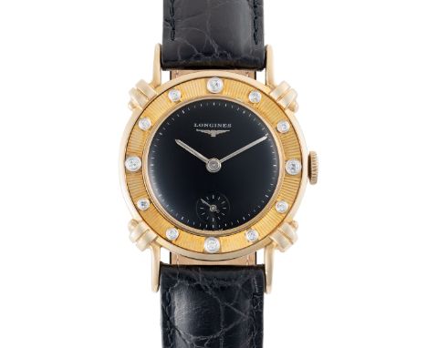 A GENTLEMAN'S SIZE 14K SOLID GOLD & DIAMOND LONGINES WRIST WATCHCIRCA 1950 WITH ORIGINAL DIAMOND SET BEZEL Movement: 17J, man