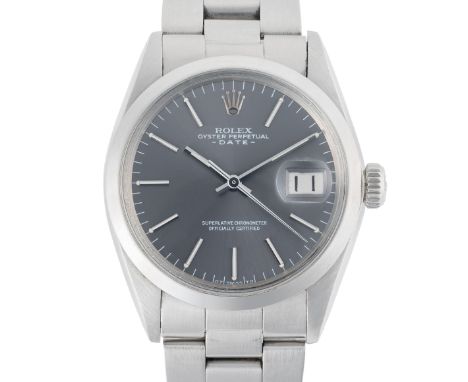 A GENTLEMAN'S SIZE STAINLESS STEEL ROLEX OYSTER PERPETUAL DATE WRIST WATCHCIRCA 1972, REF. 1500 WITH SUNBURST GREY SIGMA DIAL