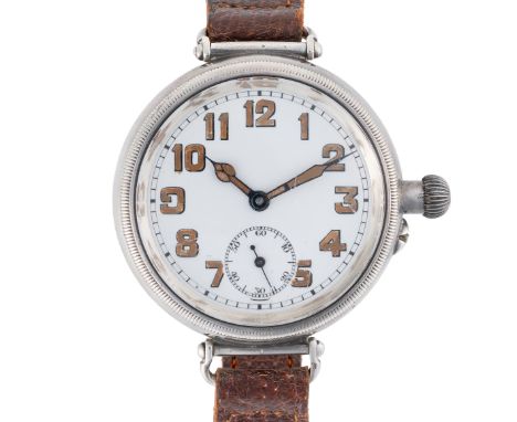 A GENTLEMAN'S SIZE SOLID SILVER LONGINES "OFFICERS" WRIST WATCH CIRCA 1916, WHITE ENAMEL DIAL WITH LUMINOUS ARABIC NUMERALS &