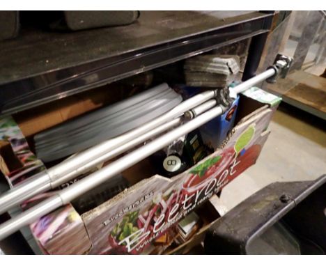 Two boxes of mixed items and a tripod. Not available for in-house P&amp;P 