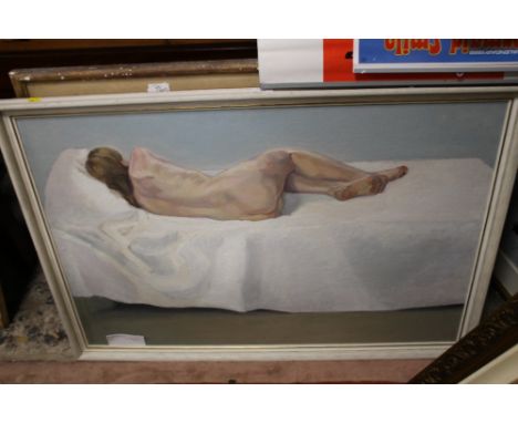 A FRAMED OIL ON BOARD DEPICTING A NUDE BY R. MOONEY 