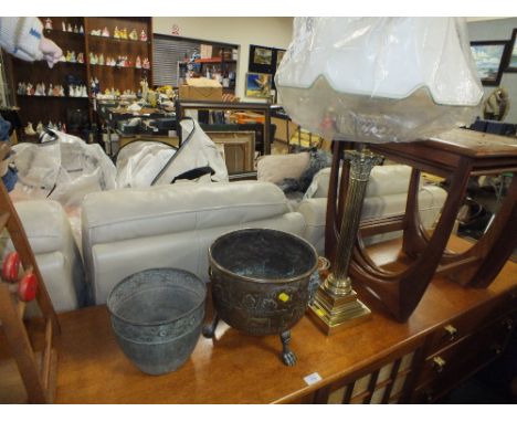 A CONVERTED OIL LAMP TOGETHER WITH A COPPER PLANTER PLUS ANOTHER (3)