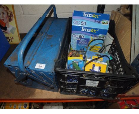 A TOOLBOX PLUS CONTENTS TOGETHER WITH AQUARIUM PUMP ACCESSORIES