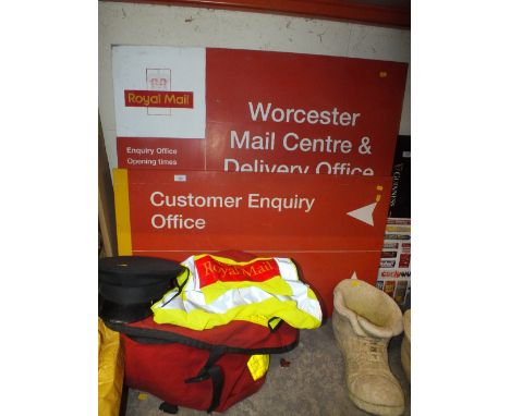 A COLLECTION OF 1990S POST OFFICE MEMORABILIA TO INCLUDE UNIFORM, POST BAG, AND THREE POST OFFICE WORCESTER SIGNS