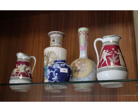 A PAIR OF VINTAGE CERAMIC JUGS WITH FIGURATIVE DECORATION, A PAINTED GLASS VASE, ORIENTAL VASE AND A GINGER JAR (5) 