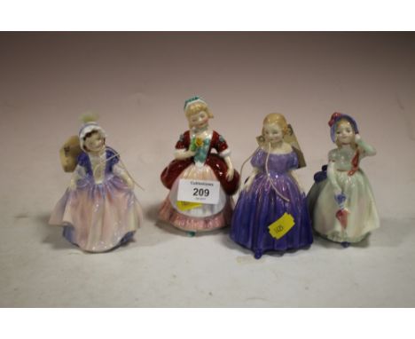 FOUR SMALL ROYAL DOULTON FIGURES 'BABIE HN 1679', 'VALERIE HN 2107', 'DINKY DO HN 1676' AND 'MARIE HN 1370' 