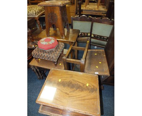 A SELECTION OF SMALL FURNITURE INCLUDING STICK STAND NEST OF TABLES LEATHER TOPPED STOOL ETC (8)