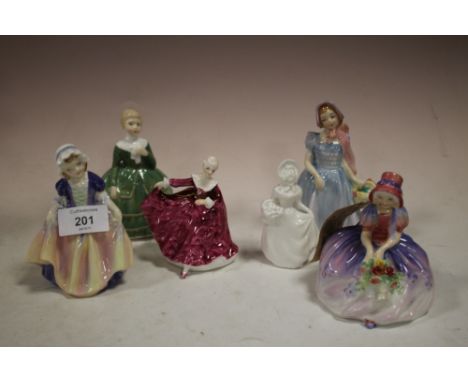 FOUR SMALL ROYAL DOULTON LADY FIGURES 'MONICA HN1467', 'DINKY DO HN1678', 'BELLE HN2340', 'WENDY HN2109' PLUS A MINIATURE ROY