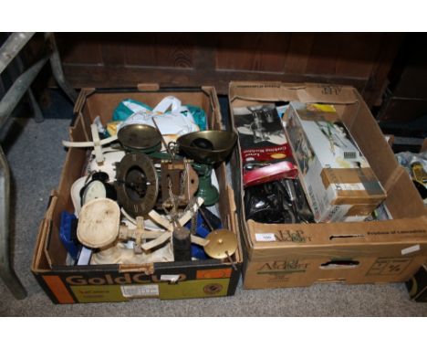 A TRAY OF ASSORTED FLATWARE TOGETHER WITH A TRAY OF VINTAGE SCALES ETC