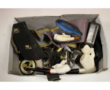 A BOX OF COLLECTABLES TO INCLUDE VINTAGE PIPES, CIGARETTE CASES ETC.