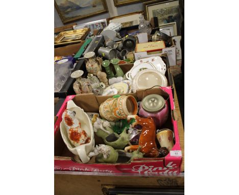 TWO TRAYS OF ASSORTED CERAMICS TO INCLUDE A CROWN DUCAL VASE, MELBA WARE DOG, ORIENTAL VASES ETC.