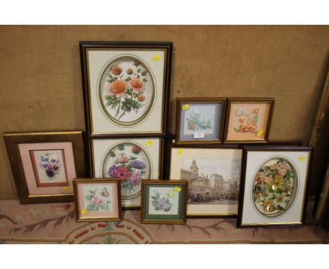 A SELECTION OF DECOUPAGE STYLE PICTURES TO INCLUDE CERAMIC EXAMPLES TOGETHER WITH THREE PRINTS 
