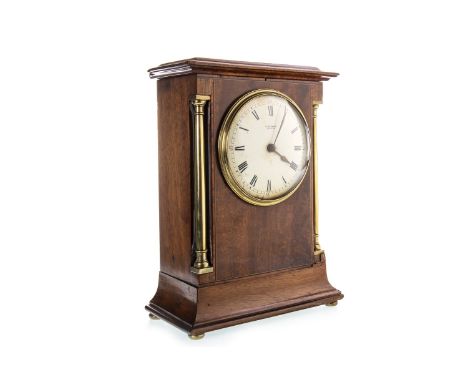 VICTORIAN MAHOGANY MANTEL CLOCK, the round white enamel dial with Roman numerals and marked 'R. Stewart, Glasgow', flanked by