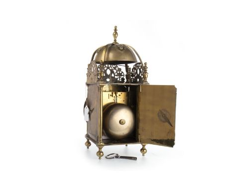 BRASS LANTERN CLOCK OF 17TH CENTURY DESIGN, two train eight day movement, the brass chapter ring with Roman numerals, enclosi