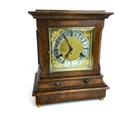 VICTORIAN MUSICAL MANTEL CLOCK, the square brass with silverised chapter ring with Roman and Arabic numerals and eight day mo