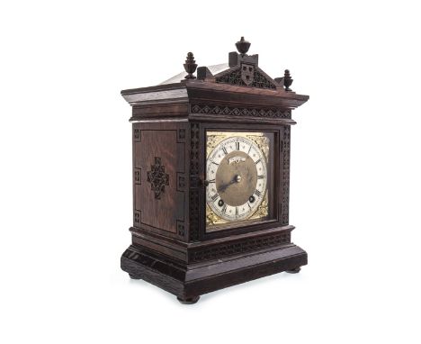 19TH CENTURY OAK MANTEL CLOCK, two train eight day movement, the silvered dial with Roman numerals and makers plaque reading 