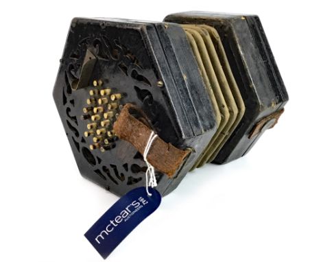 VICTORIAN BUTTON CONCERTINA with bone keys and fretted end panels (bellows poor)