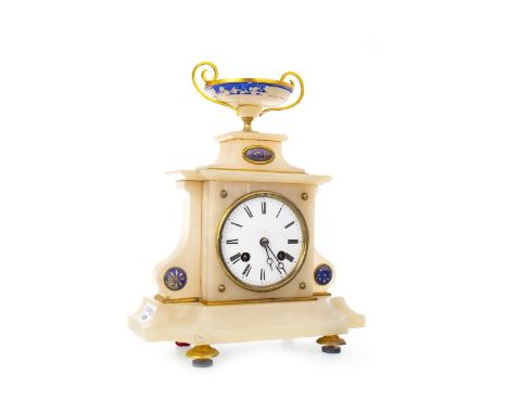 FRENCH ALABSTER AND GILT MANTEL CLOCK, two train eight day movement, the round white enamel dial with Roman numerals, painted