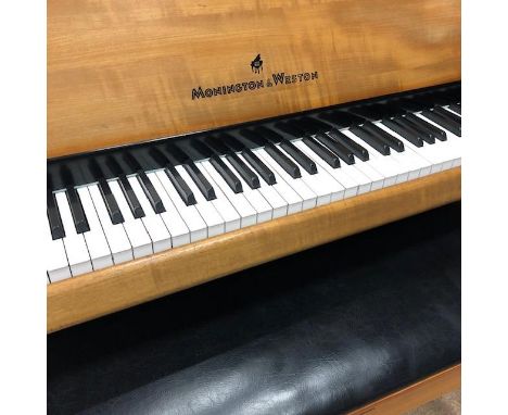 MODERN UPRIGHT OVERSTRUNG PIANO BY MONINGTON &amp; WESTON, contained in a walnut case, 141cm wide, 101cm high with duet stool