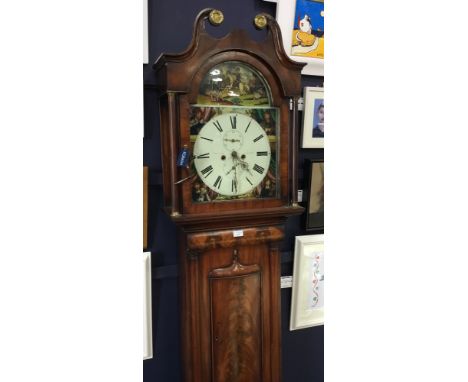 MID 19TH CENTURY SCOTTISH LONGCASE CLOCK, the hood with swan neck pediment, enclosing an arched painted enamel dial with Roma