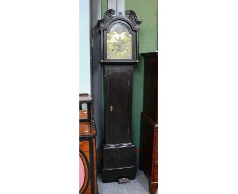 An oak thirty hour longcase clock, 12" arch brass dial with chapter ring bearing inscription Abraham Jacques, later movement