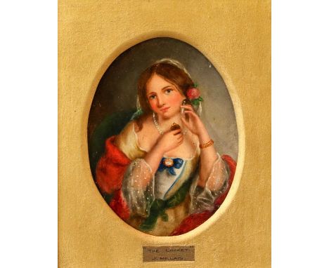 After Millais"The Locket", an oval portrait of a lady with a lace headscarf, and flowers and a red dressOil on board,17cm by 