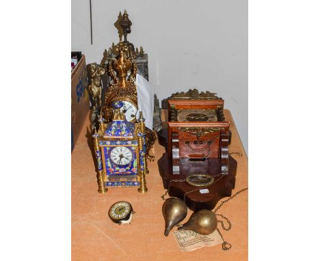 A modern champleve enamel battery driven mantel clock, two modern mantel clocks and a travelling alarm timepiece, Dutch style