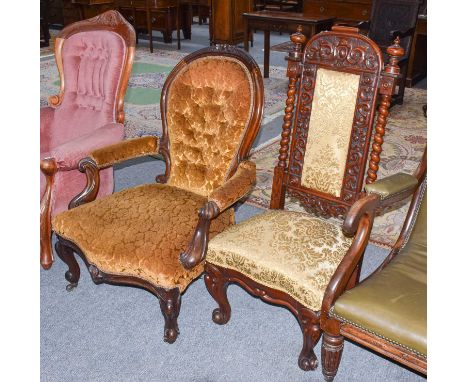 A Victorian Walnut Open Armchair, circa 1870, upholstered in yellow floral velvet, with button back, padded arms and serpenti