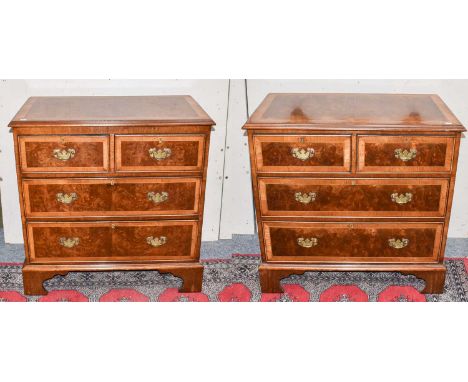 A pair of reproduction cross banded burr walnut three height chest of drawers on bracket feet, each 85cm by 49cm by 82cmCondi