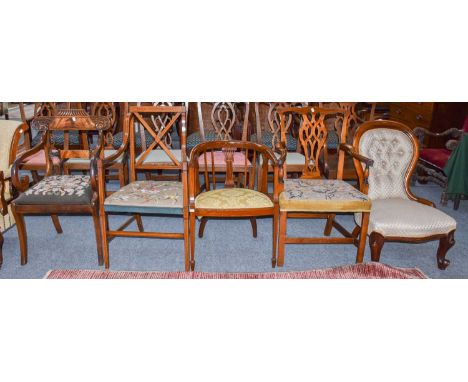 Two George III mahogany open armchairs, a Victorian spoon backed button chair and two Edwardian chairs (4)