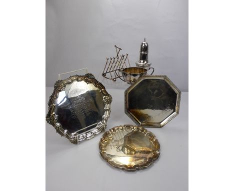 A Quantity of Silver Plate, comprising four trays, two sweet meat dishes, four meat skewers, a caster, twin handled sugar bow