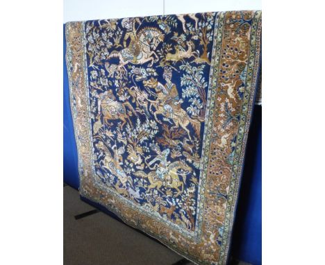 A Persian Style Woollen Carpet, depicting mounted figures hunting,  blue and pink on cream ground, approx 139 x 200 cms.