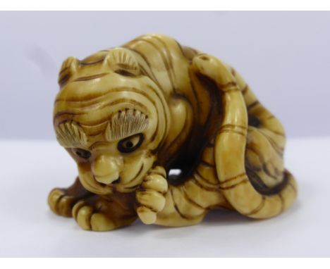 A Meiji Period Japanese Ivory Netsuke, depicting a crouching tiger licking his paw, character marks to the tigers haunches, a