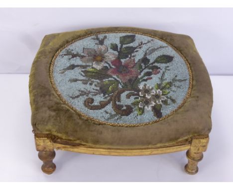 An Antique French Bead Work Foot Stool, on turned feet, approx 34 x 15 cms.