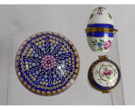 Miscellaneous Items, including two porcelain pill boxes, a Perthshire Millefiori paper weight, Chinese stress balls, two Marc