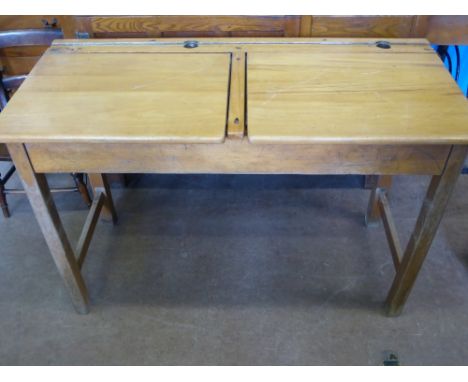 A Vintage Pine Double Seated School Desk, with lift up top, approx 69 x 45 x 102 cms.