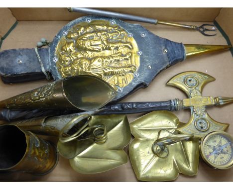 A Quantity of Brass, including a trivet, bellows, candle stick, shell cases and wall sconces, approx 10 cms