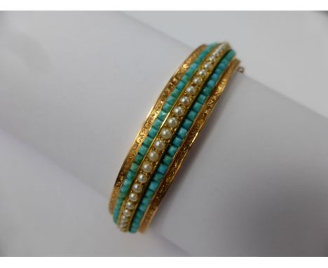 A Lady's 14 Ct Rose Gold Edwardian Seed Pearl and Turquoise Bracelet. 72 turquoise, 25 seed pearls, in original blue leather 