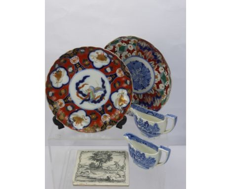 A Quantity of Miscellaneous Porcelain, two Japanese cabinet plates, two willow pattern creamers, together with a antique tile