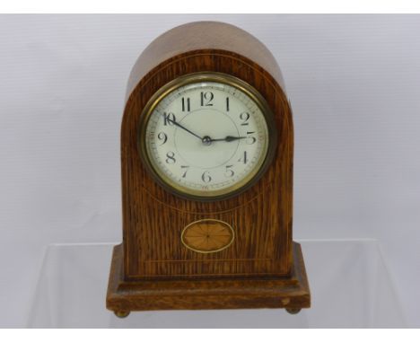 A French SFRA Oak Cased Mantel Clock, with decorative inlay, enamel dial, approx 22 cms