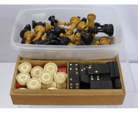 A Miscellaneous Collection of Games, including antique bone draughts pieces, (15 red, 15 white), together with vintage and ch