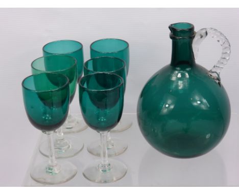 Two Ruby Glass Vases, without the crystal drops, together with six green wine glasses with decanter, two cranberry wine glass