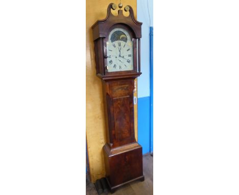 A 19th Century Mahogany Long Case Clock, William Harrison Chepstow, the 12-inch broken arch topped above a hand painted moon 